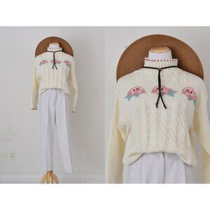 Vintage 90s  Beige Mock-neck‎ Acrylic Floral Sweater size L